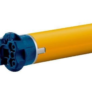 Gelber Somfy-Rohrmotor mit blauer Antriebseinheit – ideal für automatisierte Rollladensteuerung, erhältlich bei Elektro Maschler