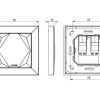 Bemaßte Zeichnung mit Front-, Seiten- und Rückansicht des anthrazitfarbenen Loxone Touch-Tasters – Maße: 80 x 80 mm, Tiefe 10 mm, Anschlussbelegung für Smart Home Systeme