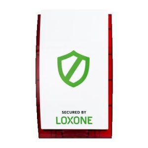 Frontansicht der Loxone Außensirene mit grünem Schildsymbol und rotem LED-Licht – dient zur optischen und akustischen Alarmierung im Sicherheitsbereich