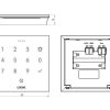 Maßzeichnung des weißen Loxone NFC Code Touch – 90 x 90 mm Frontansicht, 16 mm Tiefe, Rückansicht mit Anschlussklemmen für VDC, GND und Tree-Bus