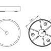 Maßzeichnung mit Seiten-, Vorder- und Rückansicht einer flachen Deckenleuchte – Radius 148,5 mm, Höhe 48 mm, Rückseite mit 60°-Montagepunkten