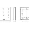 Maßzeichnung des anthrazitfarbenen Loxone Touch Pure Flex Air Tasters – 90 x 90 mm Frontansicht, 16 mm Tiefe, Rückansicht mit Montage- und Anschlussmaßen für Smart Home Steuerung