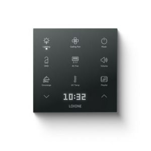 Loxone Touch Pure Flex Taster in Anthrazit mit individuell belegbaren Symboltasten und Display – vielseitige Smart Home Steuerung durch Elektro Maschler
