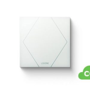 Weißer Loxone Touch Pure Taster mit CO₂-Funktion zur Steuerung von Licht, Beschattung, Musik und Raumluftqualität im intelligenten Gebäude
