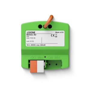 Rückseite des Loxone Belimo Air Moduls mit Anschlussklemmen und Antenne, geeignet für die Integration in intelligente Gebäudeautomatisierung
