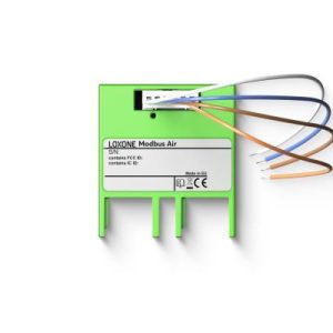 Loxone Modbus Air Schnittstellenmodul mit Anschlusskabeln für drahtlose Integration von Modbus-Geräten in das Smart Home System