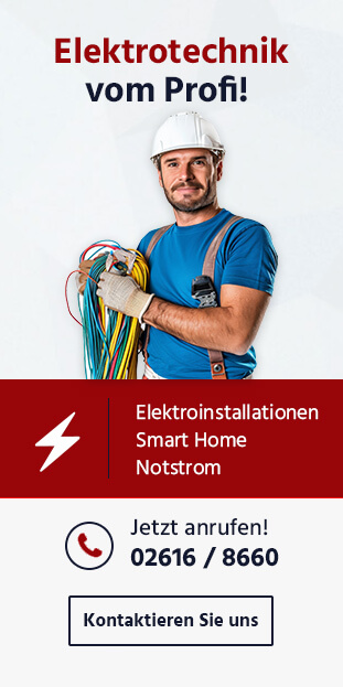 Werbebanner für Elektro Maschler mit Elektriker, der Kabel hält – Leistungen wie Elektroinstallation, Smart Home und Notstromversorgung mit Kontaktmöglichkeit