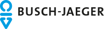 Busch-Jaeger Firmenlogo mit schwarzem Schriftzug und markantem blauem Symbol links.