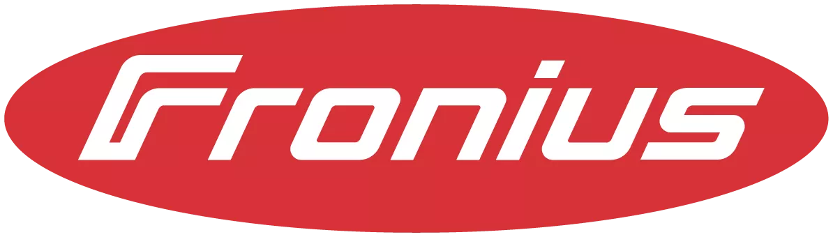 Fronius Firmenlogo mit weißer Schrift auf rotem ovalen Hintergrund, modern und dynamisch gestaltet.