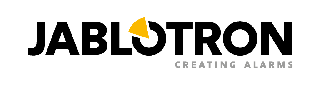 Jablotron Firmenlogo in Schwarz mit stilisiertem gelben Kreis und dem Slogan 'Creating Alarms' in grauer Schrift.