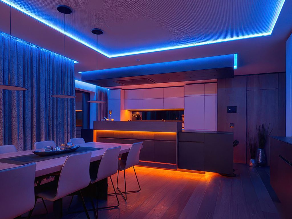 Elegante Kücheninsel mit farbiger LED-Decken- und Bodenbeleuchtung, daneben ein Esstisch mit weißen Stühlen in einem stilvollen Wohnambiente