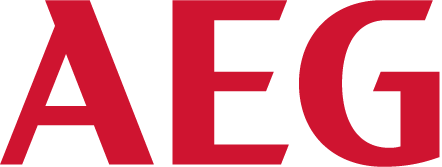 AEG Firmenlogo in kräftigem Rot mit klarer, moderner Schrift auf transparentem Hintergrund.