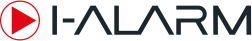 Modernes I-ALARM Firmenlogo mit stilisiertem roten Play-Symbol in einem Kreis links und schwarzem Schriftzug.