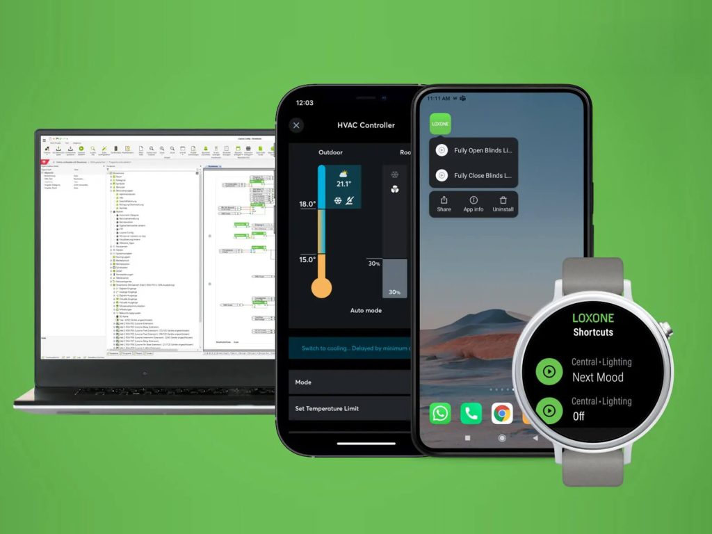 Notebook mit Loxone Config Software, daneben ein Smartphone und eine Smartwatch mit Loxone-App zur smarten Haussteuerung auf grünem Hintergrund